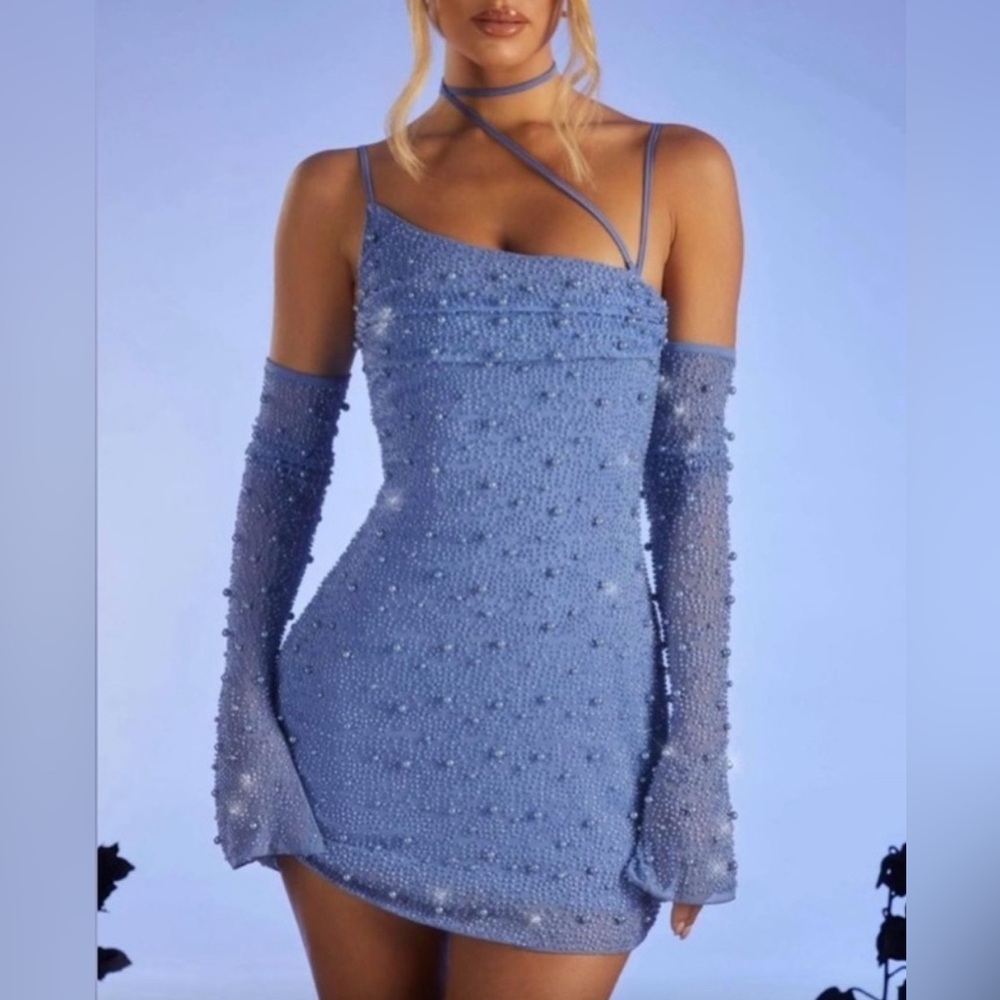 NWT Oh Polly Blue Pearl Embellished One Shoulder Bodycon Dress Sleeves US 0